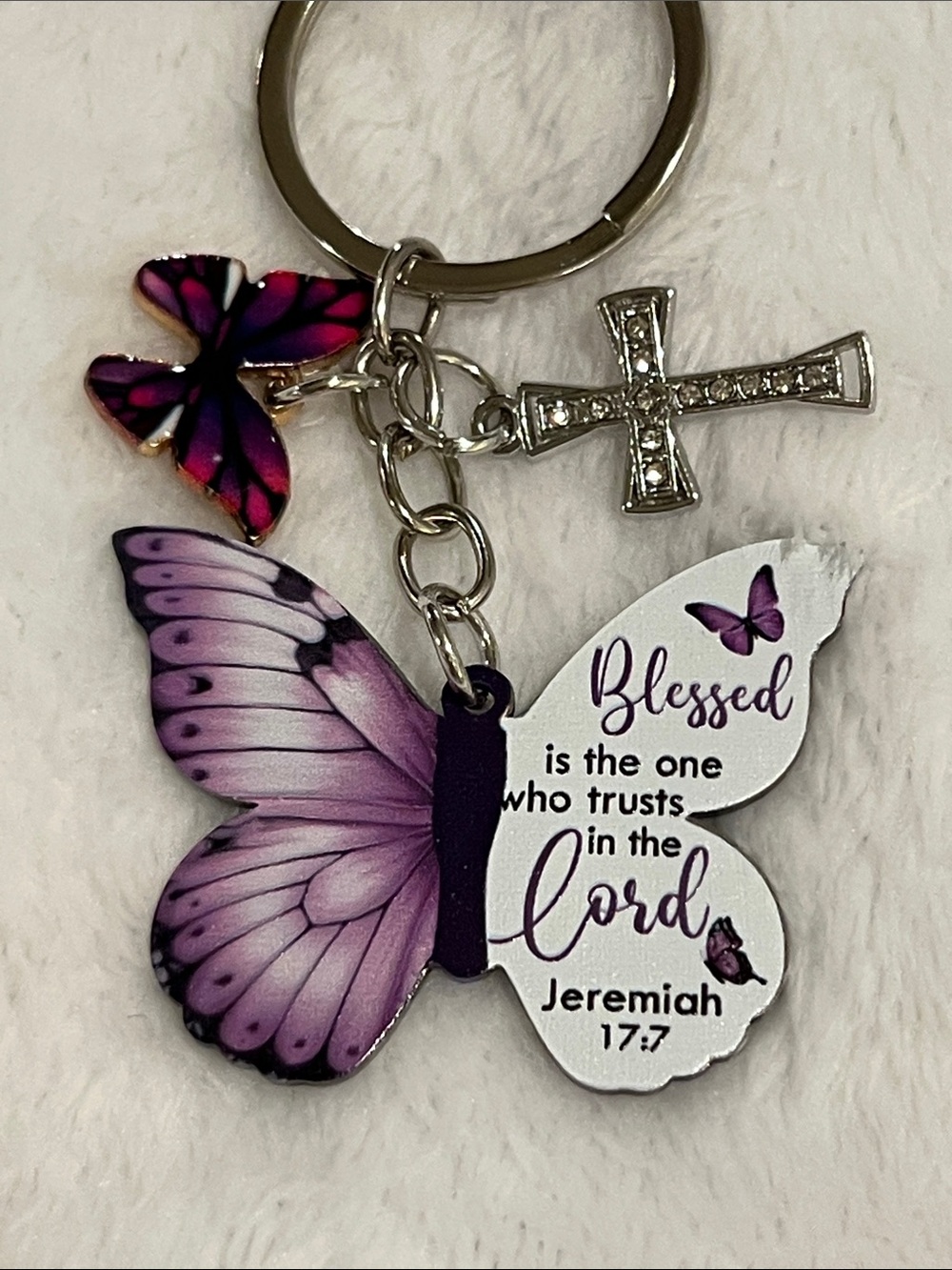 Purple Butterfly Inspirational Keychain with Cross Charm